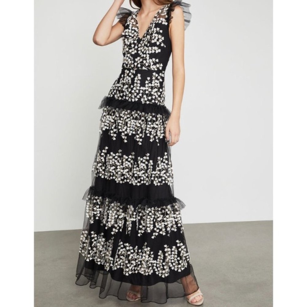 BCBGMaxAzria Floral Applique Gown Black White size 8